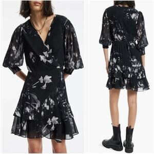 ALLSAINTS Ari Pauline Black Floral True-Wrap Ruffle Dress Size 4 Whimsigoth Emo